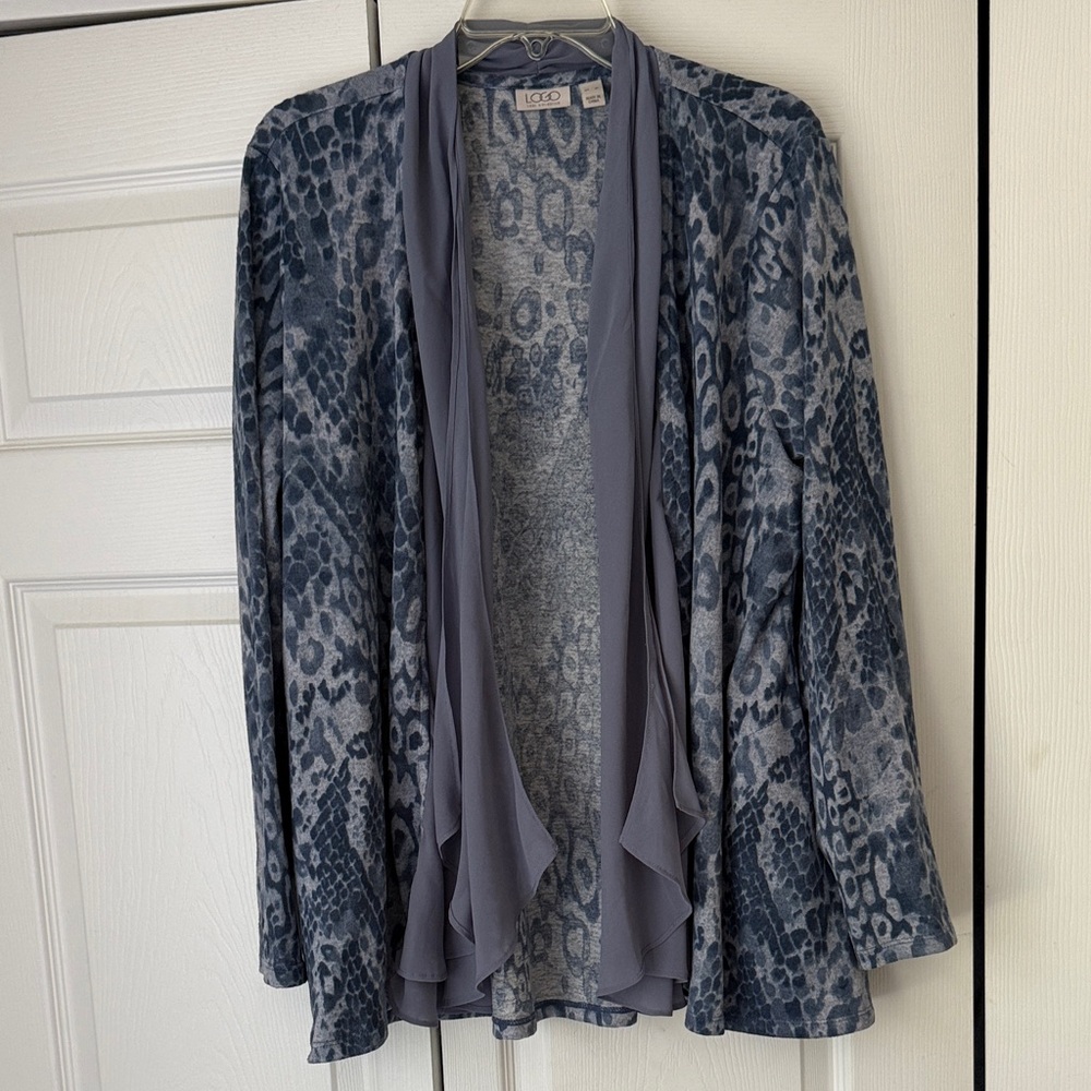 LOGO by Lori Goldstein Blue and Gray Animal Print Leopard Swing Cardigan size XL